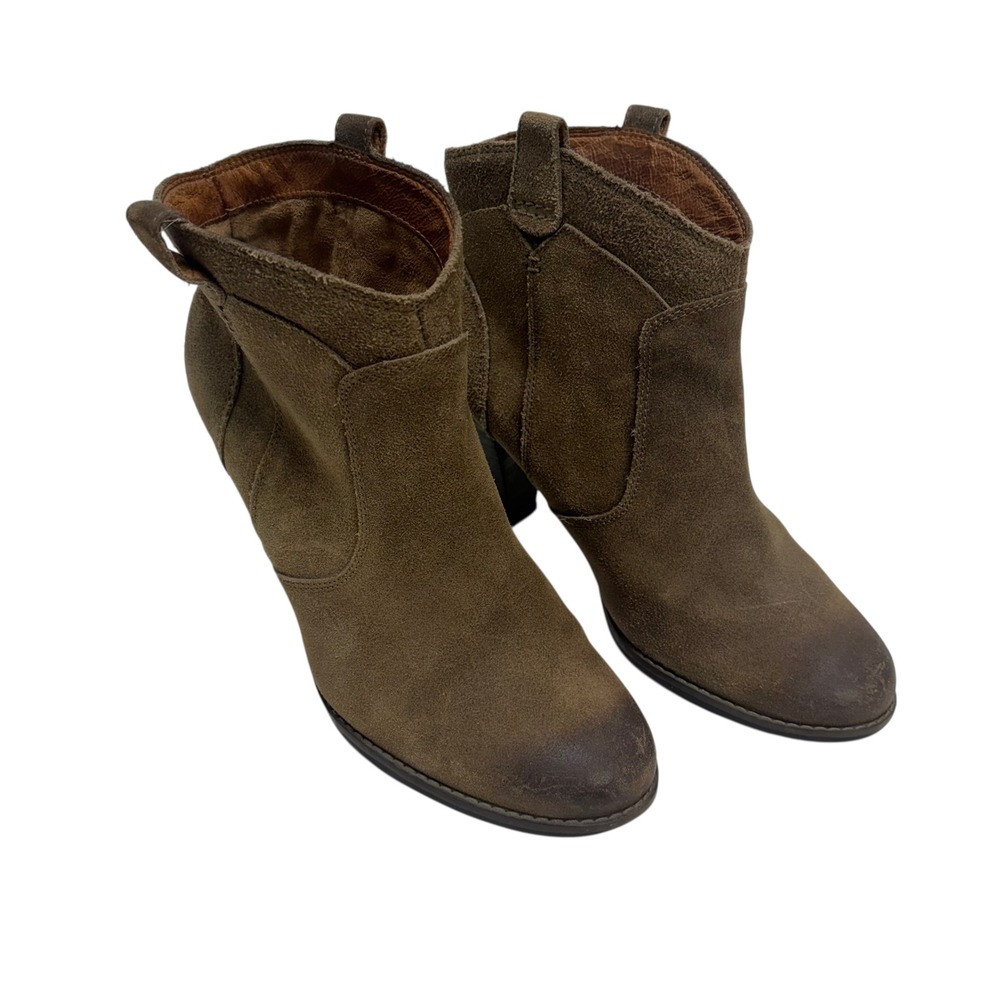 Clarks Brown Suede Western Ankle Booties Block Heel Distressed Toe Womens 8.5 M